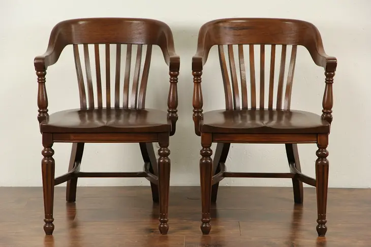 Pair of 1915 Antique Banker Library or Office Walnut Chairs with Arms