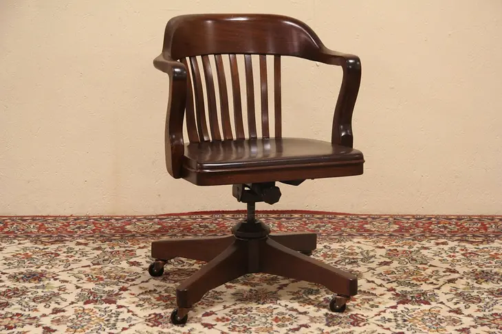 Swivel Adjustable 1930 Antique Walnut Desk Armchair