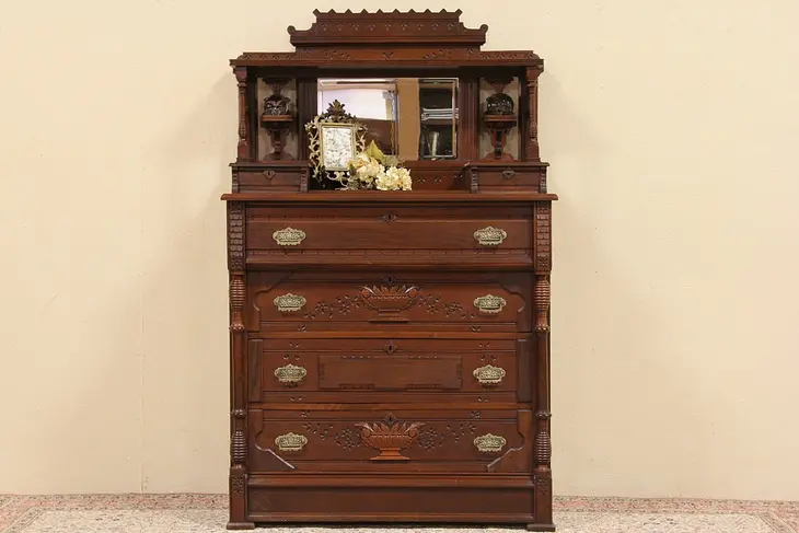 Eastlake Walnut 1880 Antique Chest or Dresser, Beveled Mirror