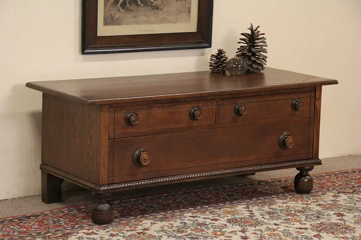 Oak 1900 Antique Low Chest, Bench or TV Console Cabinet