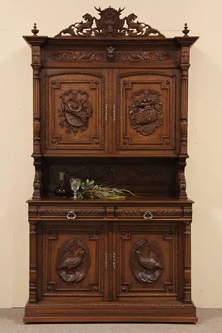 Hunting Lodge Carved Oak Antique Game Cabinet