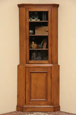 Country Pine 1850 Antique Corner Cupboard, Wavy Glass Door