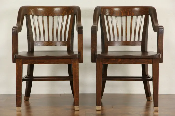 Pair of Oak 1910 Antique Banker Chairs
