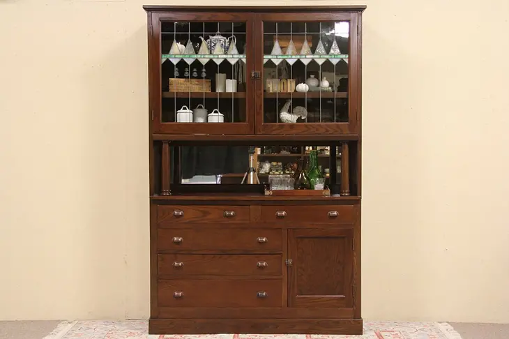 Arts & Crafts Mission Oak 1900 Cabinet, Stained Glass Doors