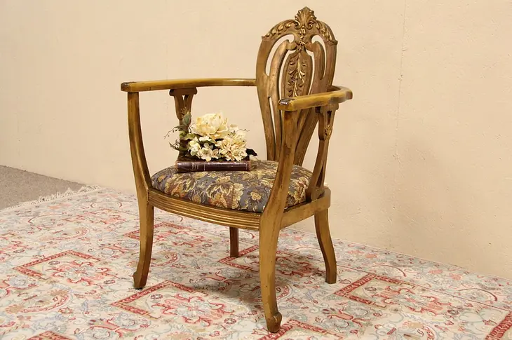 Art Nouveau Antique 1900 Gold Chair, Newly Upholstered