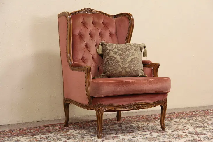 French Style Carved Vintage Velvet Wing Chair