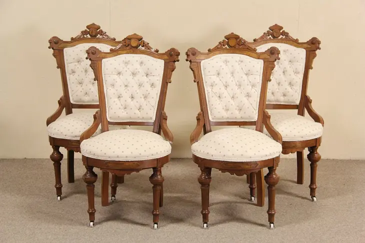 Set of 4 Antique 1870 Victorian Renaissance Game or Dining Chairs