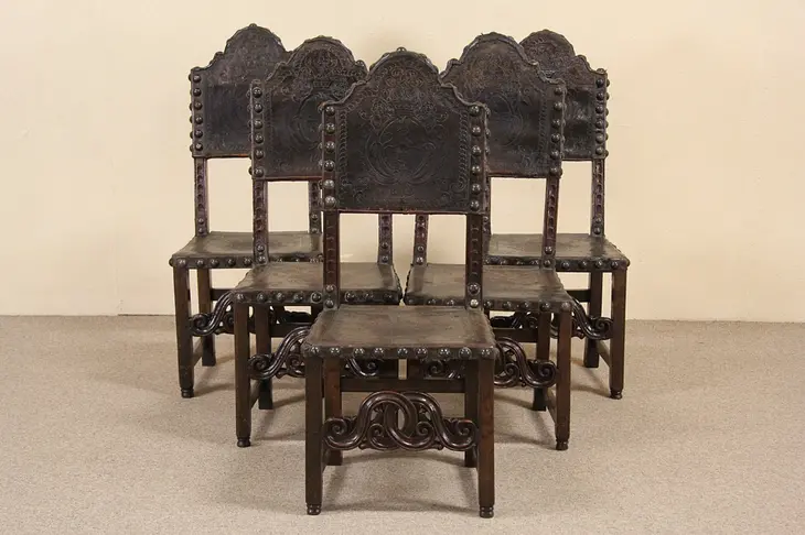 Spanish 1700's Antique Tooled Leather Set of 5 Dining Chairs, Carved Walnut
