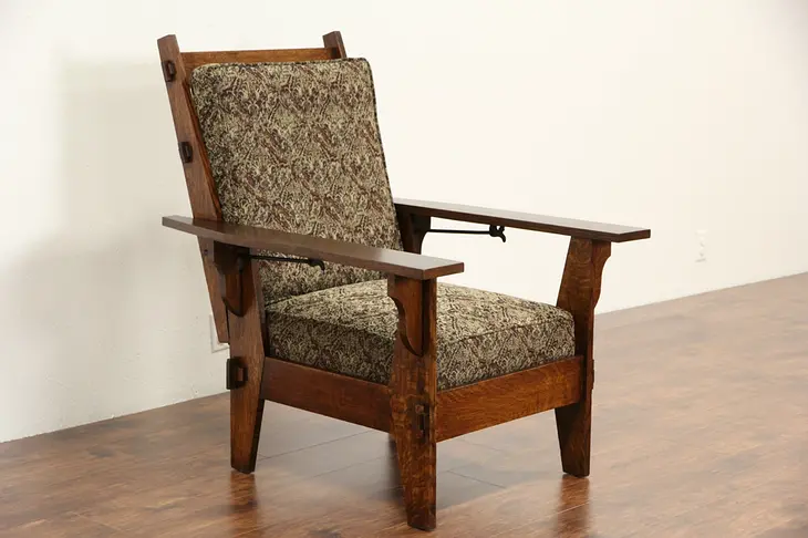 Arts & Crafts Mission Oak Antique 1905 Morris Chair or Recliner, New Upholstery