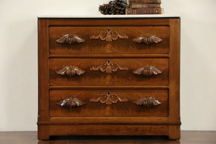 Victorian 1870 Marble Top Walnut Chest or Dresser, Carved Pulls