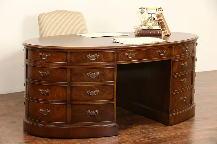 Oval Walnut Burl Vintage Library or Office Partner Desk, File Drawers, 6' Long