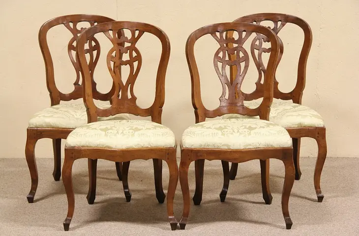 Set of 4 French Walnut 1860 Antique Game or Dining Chairs, Scalamandre Silk