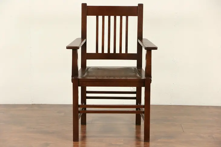 Arts & Crafts Mission Oak 1905 Chair, Original Leather
