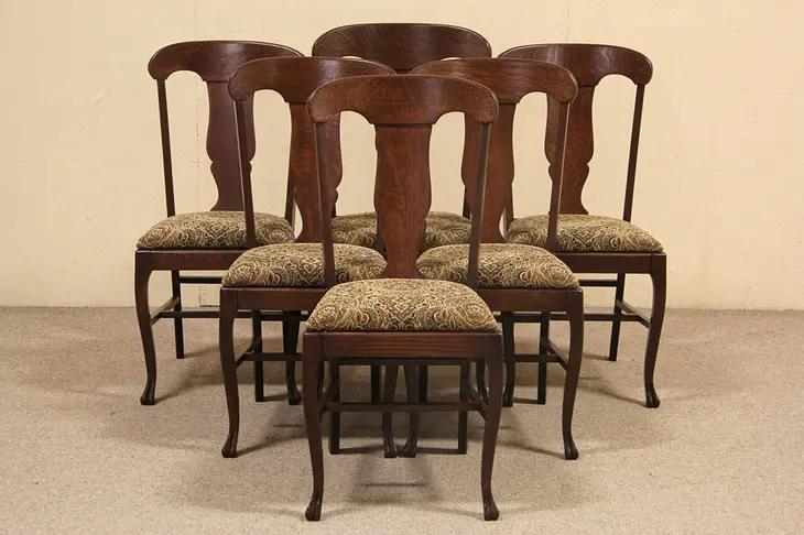 Set of 6 Oak 1900 Antique Paw Foot Dining Chairs, New Upholstery