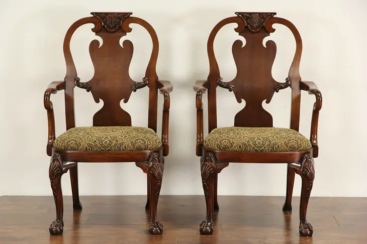 Pair of Georgian Carved Mahogany Vintage Chairs with Arms, New Upholstery