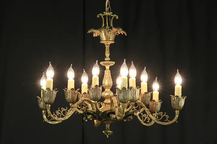 Patinated Brass 12 Candle Vintage Chandelier, Ram Head Motif