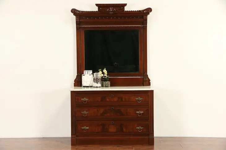 Victorian Eastlake 1880 Antique Chest or Dresser, Marble Top & Beveled Mirror