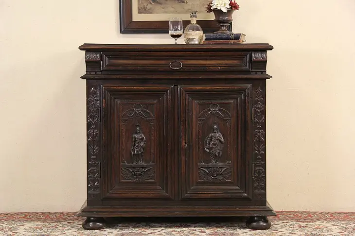 Oak 1880 French Antique Console Cabinet, Carved Knights