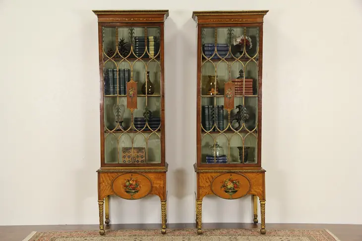 Pair Hand Painted Satinwood English 1890 Antique Curio Cabinets