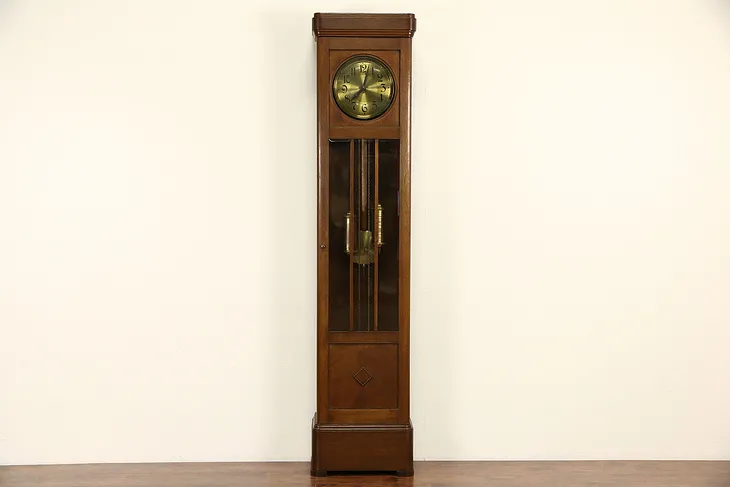 Oak 1900 Antique German Grandfather Tall Case Clock, Beveled Glass
