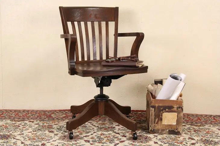 Oak Swivel 1920 Antique Adjustable Desk Chair, Johnson of Milwaukee