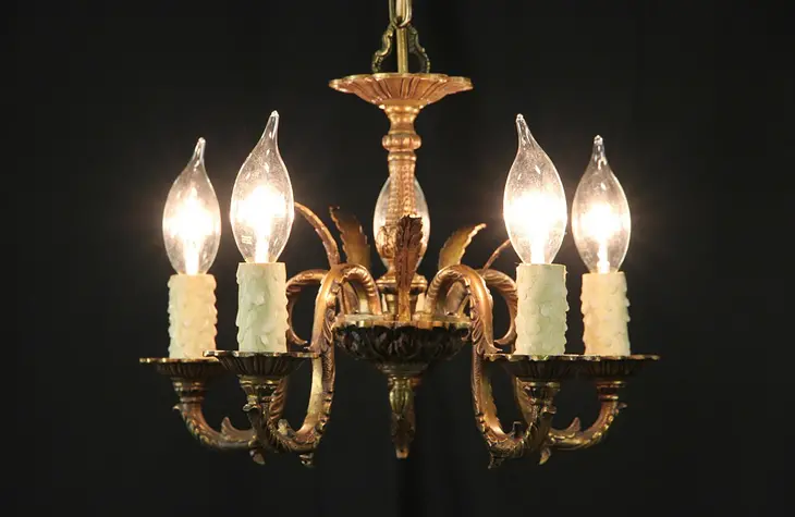 Patinated Brass Small 5 Candle Vintage Chandelier