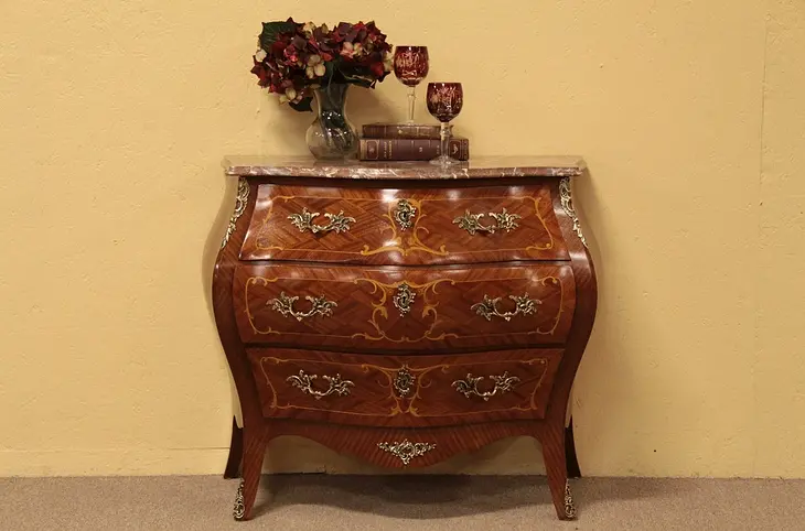 Marquetry Marble Top Bombe 3 Drawer Chest