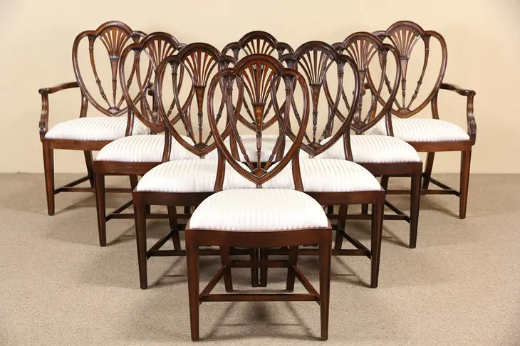 Set of 8 New Shield Back Georgian Carved Mahogany Dining Chairs, 2 Arms