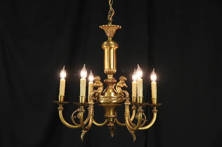 Chandelier, Brass Musical Cherubs, Vintage 6 Candle