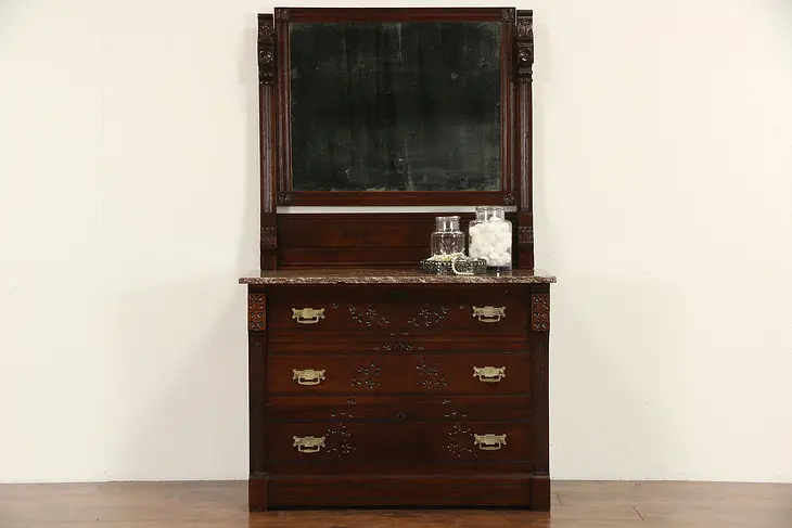 Victorian Eastlake 1870's Spoon Carved Walnut Chest or Dresser, Mirror & Marble