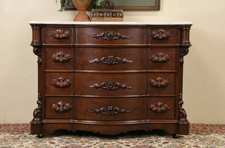 Marble Top Cherry 1860 Carved Antique Linen Chest or Dresser