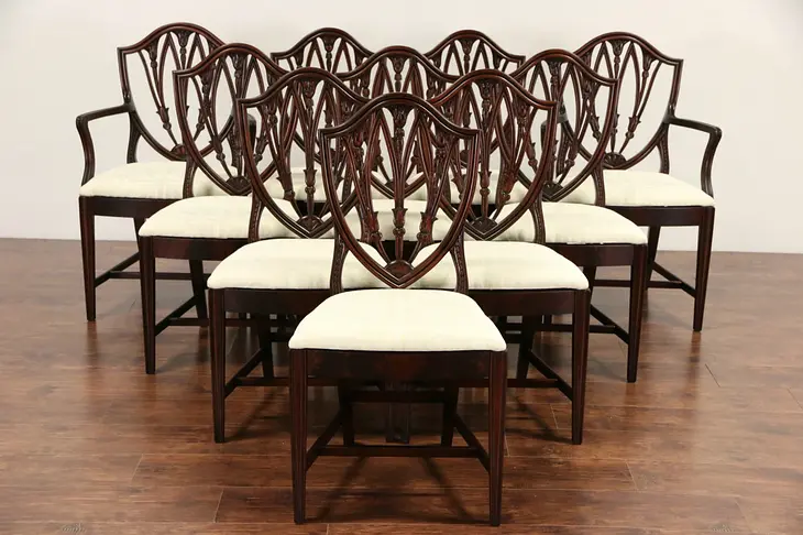 Set of 10 Shield Back 1940 Vintage Mahogany Dining Chairs, New Upholstery