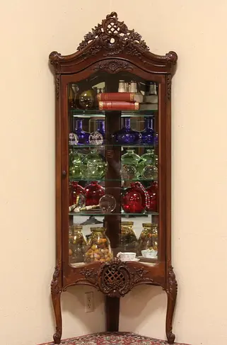 Carved 1920's Antique Corner Cabinet, Glass Shelves & Door