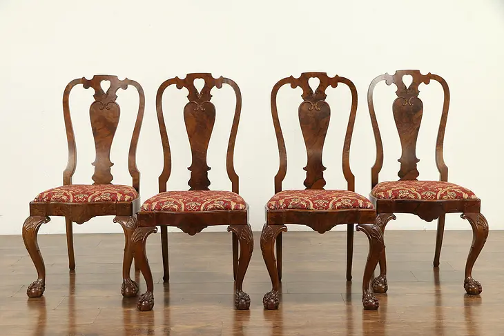 Set of 4 Walnut & Burl Antique Georgian Style Scandinavian Dining Chairs #32511