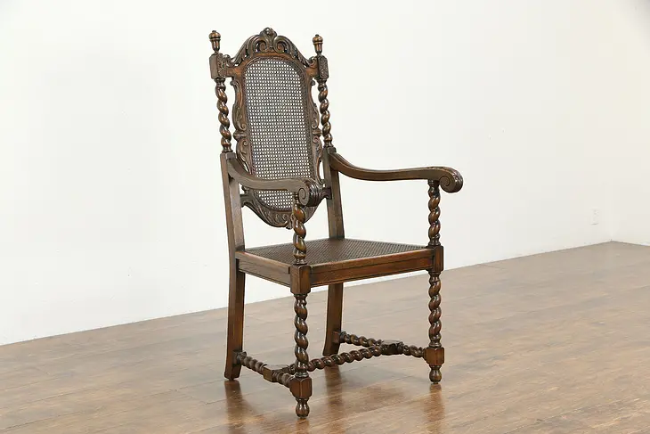Oak Antique English Carved Barley or Rope Twist Hall or Throne Chair #35009