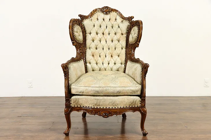 Music Room Vintage Wing Chair Carved Instrument, Birds, Heads, Homer #36872