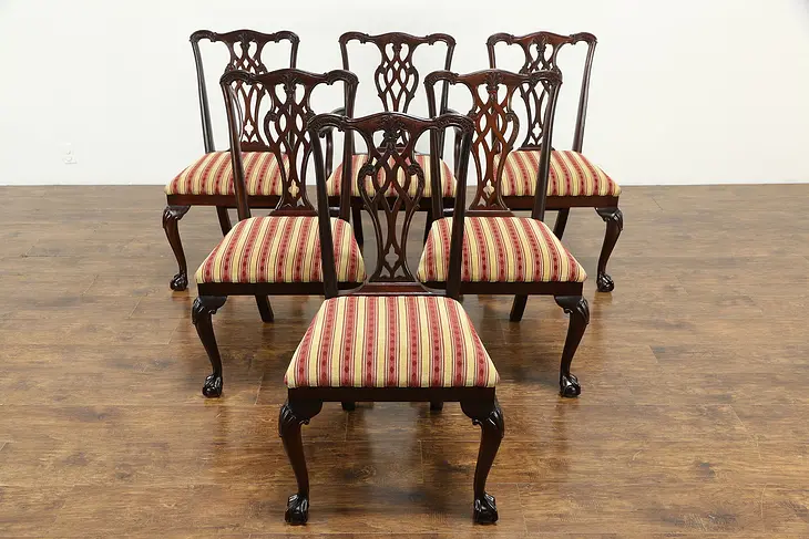 Set of 6 Georgian Chippendale 1930 Antique Dining Chairs, New Upholstery #34760