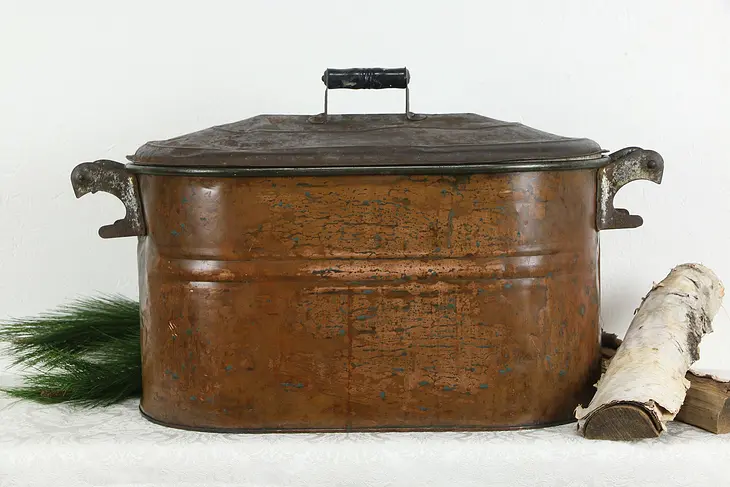 Copper Antique Wash Boiler & Lid, Fireplace Hearth Kindling Holder #36273