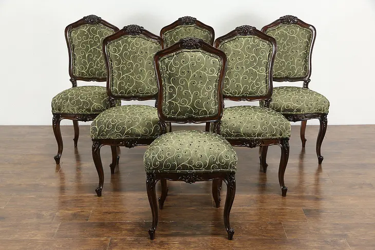 Set of 6 Hand Carved Walnut Antique Italian Dining Chairs, New Upholstery #36176