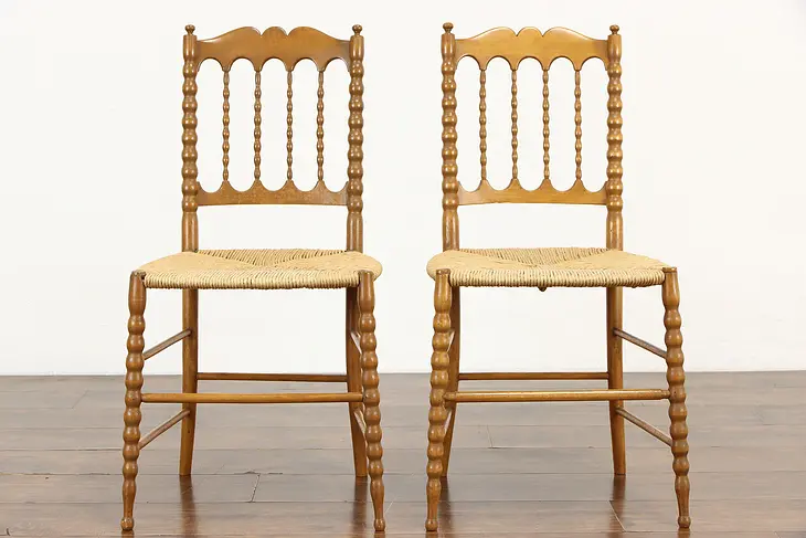 Victorian Pair of New York Carved Maple Farmhouse Rush Seat Chairs  #37696