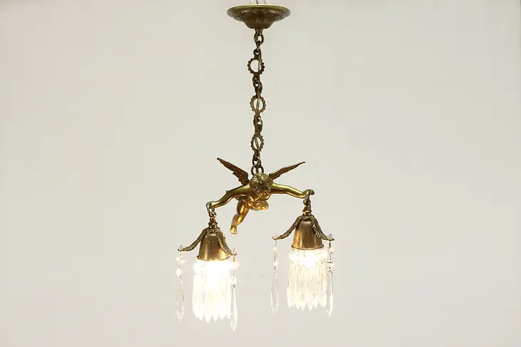 Flying Cherub or Angel Vintage Brass Chandelier, Crystal Prisms #38174