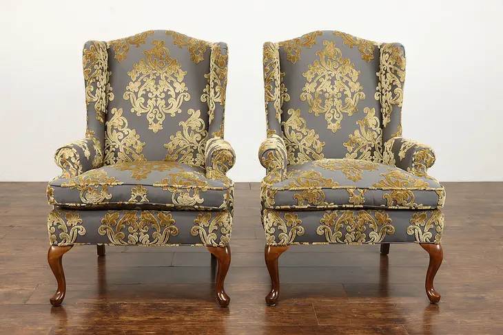 Pair of Vintage Wing Back Chairs, Mahogany Feet, Cut Velvet Upholstery #38383