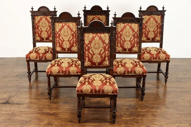 Set of 6 Italian Walnut Antique Dining Chairs, Hand Carved Faces #36993