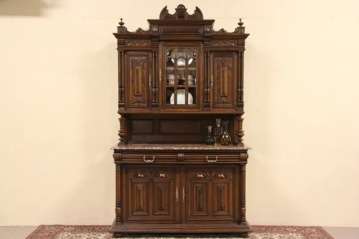 Carved Cabinet, Marble Top, Beveled Windows
