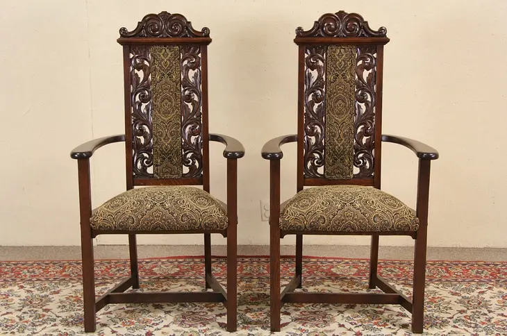 Renaissance Tudor English Chairs, 1915 Antique Oak Pair