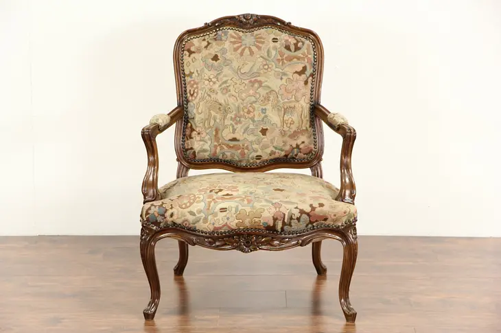 French Carved Beech 1910 Antique Chair with Arms, Needlepoint Upholstery