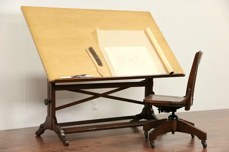 Adjustable Architect Drafting, Drawing or Artist Table, Oak & Maple 1944 Post