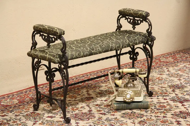 Iron 1920's Bench with Birds, Newly Upholstered