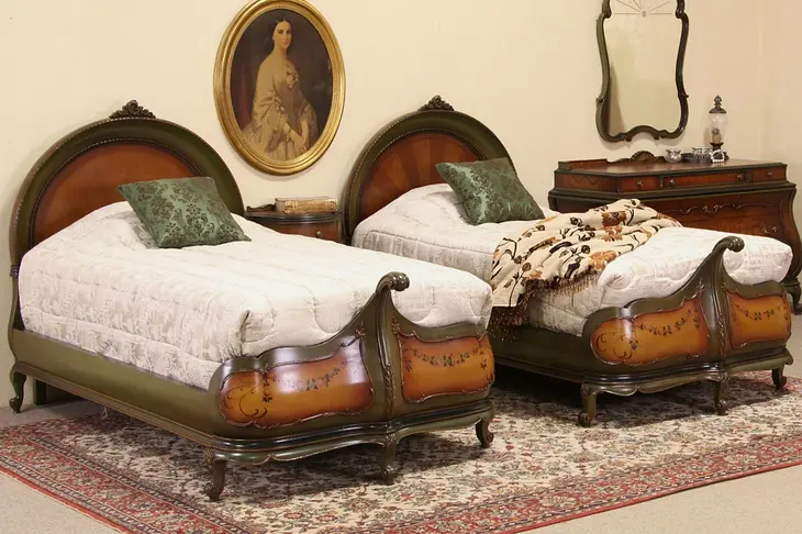 Venetian Gondola Style Pair of 1920's Antique Twin Beds, Hand Painted
