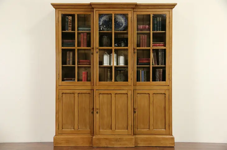 Scottish 1890's Antique Country Pine Bookcase or China Cabinet, Wavy Glass Doors